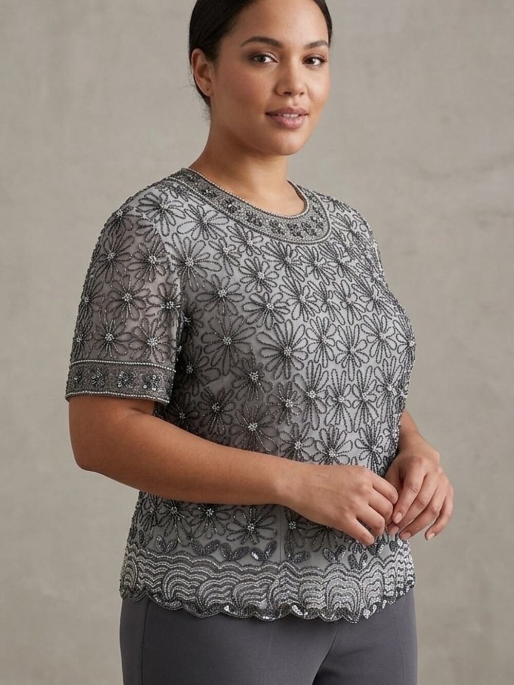 Papell Boutique heavily beaded silk grey/silver blouse 1X